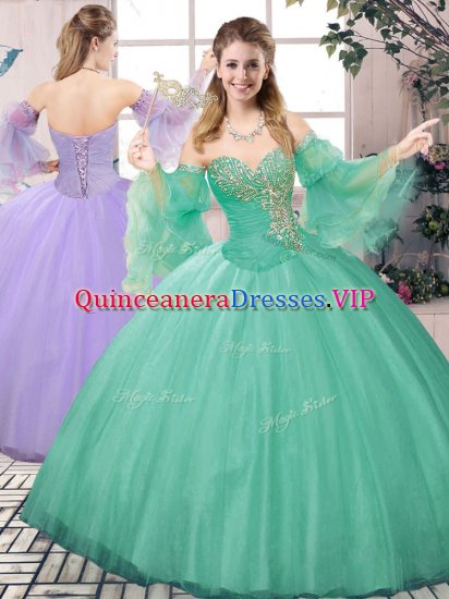 Dazzling Apple Green Ball Gowns Beading Sweet 16 Dress Lace Up Tulle Sleeveless Floor Length - Click Image to Close