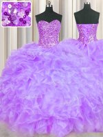 Pretty Beading and Ruffles Sweet 16 Dress Lavender Lace Up Sleeveless Floor Length