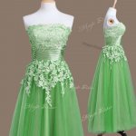 Hot Selling Tea Length Green Quinceanera Court of Honor Dress Strapless Sleeveless Lace Up