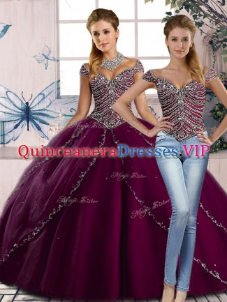 Ball Gowns Cap Sleeves Purple Quinceanera Dresses Brush Train Lace Up