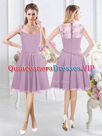 Straps Cap Sleeves Chiffon Knee Length Zipper Quinceanera Dama Dress in Lavender with Lace