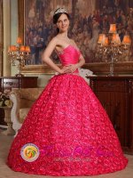 Fabric With Rolling Flower Appliques Decorate Up Bodice Coral Red Graceful Ball Gown For Quinceanera Dress IN Batesville Indiana/IN