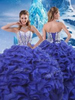 Blue Lace Up Quince Ball Gowns Beading and Ruffles Sleeveless Floor Length