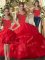 Three Pieces Quince Ball Gowns Red Halter Top Tulle Sleeveless Floor Length Lace Up