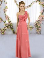 Superior Watermelon Red Empire Chiffon One Shoulder Sleeveless Hand Made Flower Floor Length Lace Up Dama Dress