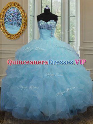 Deluxe Floor Length Lace Up Quinceanera Dress Baby Blue for Military Ball and Sweet 16 and Quinceanera with Beading and Ruffles