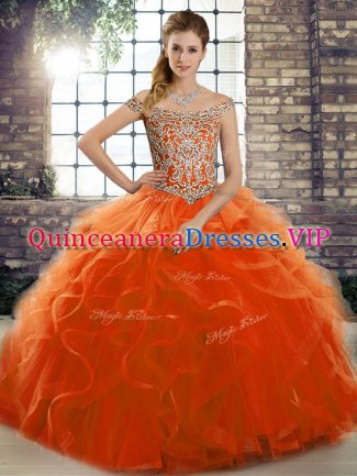 Graceful Orange Red Tulle Lace Up Quinceanera Gown Sleeveless Brush Train Beading and Ruffles