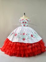 Smart White And Red Lace Up Off The Shoulder Embroidery and Ruffled Layers Vestidos de Quinceanera Organza Sleeveless Court Train