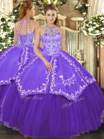 Purple Lace Up Ball Gown Prom Dress Beading and Embroidery Sleeveless Floor Length