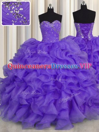 Beading and Ruffles Military Ball Gown Lavender Lace Up Sleeveless Floor Length