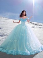 Custom Design Off the Shoulder Baby Blue Cap Sleeves Tulle Court Train Lace Up 15 Quinceanera Dress for Military Ball and Sweet 16 and Quinceanera(SKU YCQD094-1BIZ)