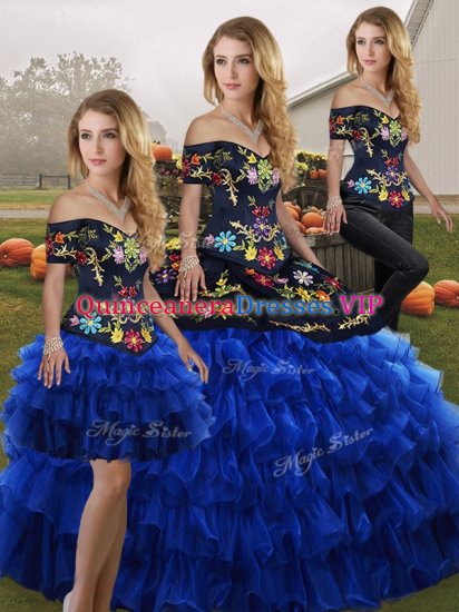 Enchanting Blue And Black Sleeveless Embroidery and Ruffled Layers Floor Length Vestidos de Quinceanera - Click Image to Close