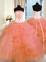 Tulle Strapless Sleeveless Lace Up Pick Ups and Hand Made Flower Quinceanera Gowns in Orange(SKU PSSW0354-6BIZ)