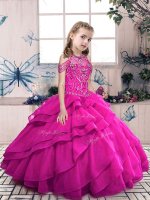 Classical Fuchsia Ball Gowns Organza Halter Top Sleeveless Beading and Ruffles Floor Length Lace Up Pageant Dress for Womens