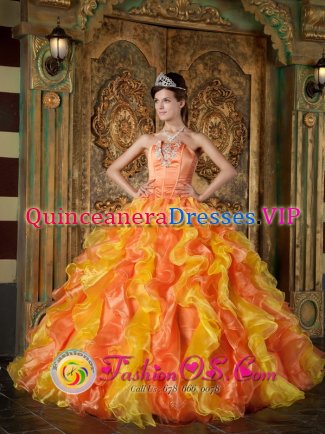 Exclusive Orange Strapless Quinceanera Dress For Kakamas South Africa Appliques Decorate Organza Ruffles Ball Gown