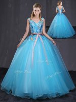 Blue Tulle Lace Up V-neck Sleeveless Floor Length Quinceanera Dresses Appliques and Belt