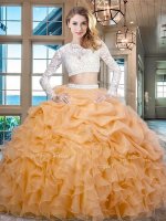 Customized Scoop Long Sleeves Zipper Floor Length Beading and Lace and Ruffles Sweet 16 Dresses