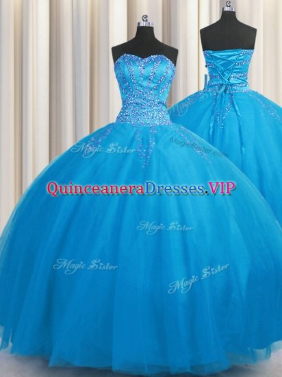 Perfect Big Puffy Blue Sweetheart Neckline Beading Sweet 16 Quinceanera Dress Sleeveless Lace Up - Click Image to Close