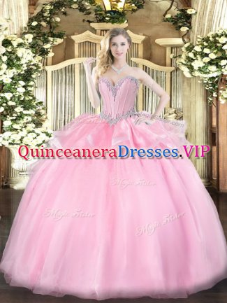 Pretty Pink Lace Up Sweet 16 Dresses Beading Sleeveless Floor Length
