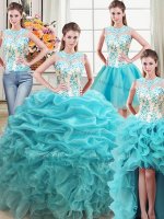 Unique Four Piece Aqua Blue Ball Gowns Organza Scoop Sleeveless Beading and Ruffles Floor Length Lace Up Vestidos de Quinceanera