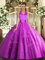 Modest Fuchsia Quinceanera Gowns Military Ball and Sweet 16 and Quinceanera with Appliques Halter Top Sleeveless Lace Up