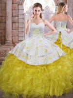Yellow And White Lace Up Sweetheart Beading and Appliques and Ruffles Quince Ball Gowns Organza Sleeveless