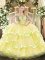 Yellow Halter Top Neckline Beading and Ruffled Layers Quince Ball Gowns Sleeveless Lace Up
