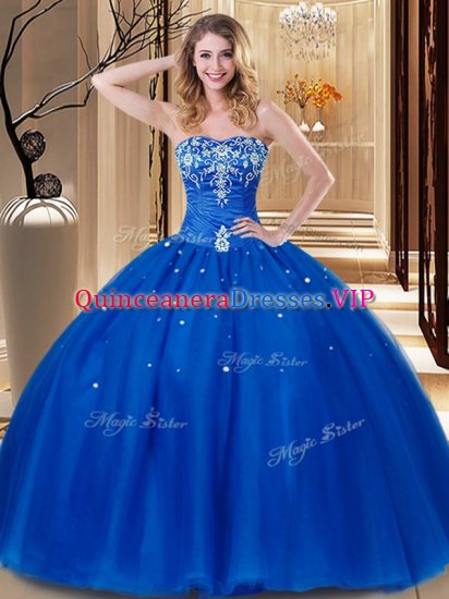 Free and Easy Tulle Sweetheart Sleeveless Lace Up Beading and Embroidery Ball Gown Prom Dress in Royal Blue - Click Image to Close