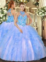 Baby Blue Halter Top Neckline Embroidery and Ruffles 15th Birthday Dress Sleeveless Lace Up