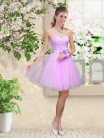 Lace and Belt Vestidos de Damas Lavender Lace Up Sleeveless Knee Length