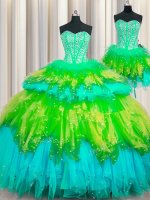 Glamorous Three Piece Visible Boning Multi-color Sleeveless Floor Length Beading and Ruffles and Ruffled Layers and Sequins Lace Up Sweet 16 Dresses