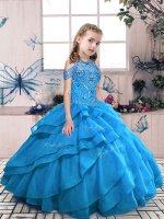 Aqua Blue Lace Up High-neck Beading and Ruffles Little Girls Pageant Gowns Organza Sleeveless
