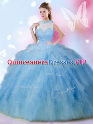 Baby Blue Ball Gowns Beading and Ruffles Ball Gown Prom Dress Lace Up Tulle Sleeveless Floor Length