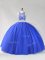 Royal Blue Halter Top Neckline Beading Quince Ball Gowns Sleeveless Backless