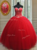 Sleeveless Floor Length Beading Lace Up 15th Birthday Dress with Red