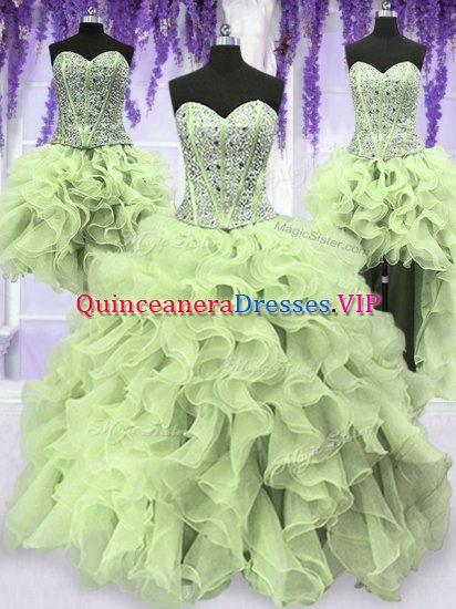 Modest Four Piece Yellow Green Ball Gowns Sweetheart Sleeveless Organza Floor Length Lace Up Ruffles and Sequins Sweet 16 Quinceanera Dress - Click Image to Close