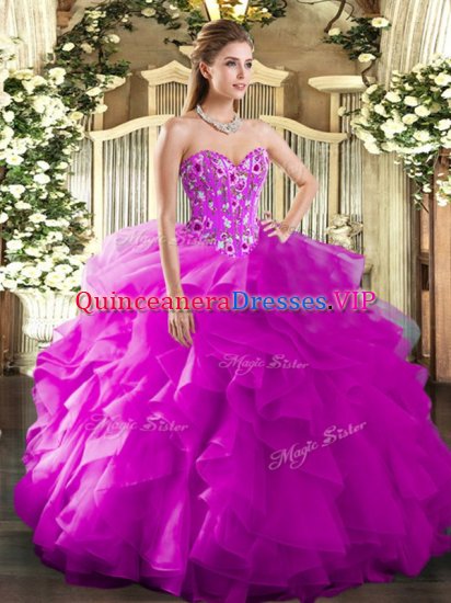 Fuchsia Ball Gowns Organza Sweetheart Sleeveless Embroidery and Ruffles Floor Length Lace Up Military Ball Dresses - Click Image to Close