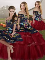 Wine Red Off The Shoulder Neckline Embroidery and Ruffled Layers Vestidos de Quinceanera Sleeveless Lace Up