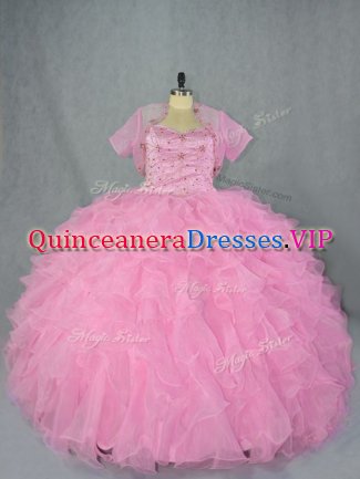 Hot Selling Sleeveless Floor Length Beading and Ruffles Lace Up Quince Ball Gowns with Baby Pink