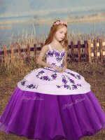 Eggplant Purple Organza Lace Up Straps Sleeveless Floor Length Kids Formal Wear Embroidery