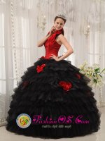 Santa Fe Springs California/CA Black and Red Hand Made Flowers For Gorgeous Quinceanera Dress with Ruffles Layered