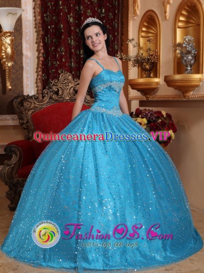 Boca Chica Dominican Republic Spaghetti Straps Sequin And Beading Decorate Popular Teal Quinceanera Dress With For Sweet 16 - Click Image to Close