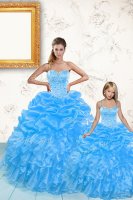 Baby Blue Ball Gowns Sweetheart Sleeveless Organza Floor Length Lace Up Beading and Ruffles and Pick Ups Quinceanera Gowns