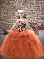 Rust Red Ball Gowns Tulle Straps Sleeveless Embroidery and Ruffles Floor Length Lace Up Kids Formal Wear