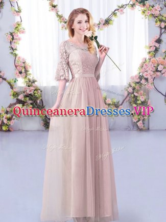 Pink Scoop Neckline Lace and Belt Damas Dress Half Sleeves Side Zipper