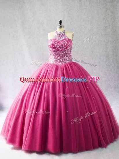 Super Hot Pink Halter Top Neckline Beading Ball Gown Prom Dress Sleeveless Lace Up - Click Image to Close