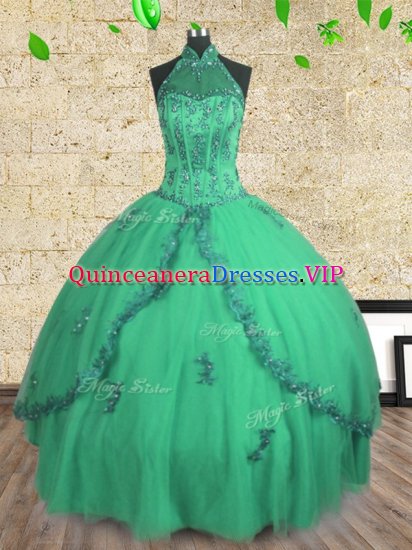 Graceful Halter Top Turquoise Sleeveless Tulle Lace Up Sweet 16 Dresses for Military Ball and Sweet 16 and Quinceanera - Click Image to Close