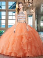 Cute Scoop Orange Backless Ball Gown Prom Dress Beading and Ruffles Sleeveless With Brush Train