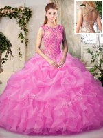 Sweet Rose Pink Ball Gowns Scoop Sleeveless Organza Floor Length Lace Up Beading and Ruffles and Pick Ups Sweet 16 Dress