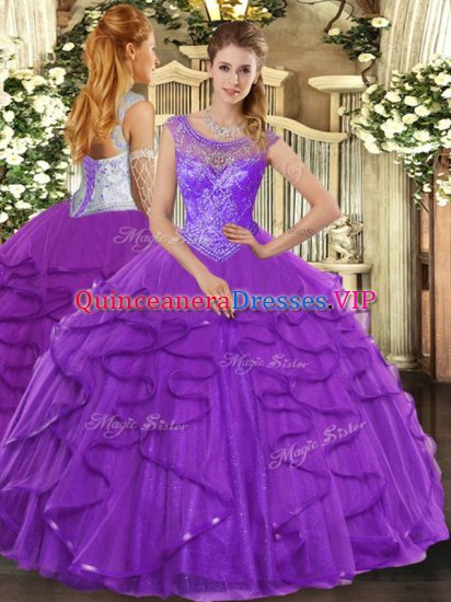 Sleeveless Floor Length Beading and Ruffles Lace Up Quinceanera Dresses with Purple - Click Image to Close